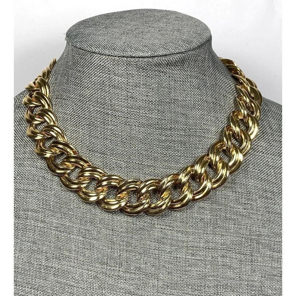 Necklace Gold Tone Metal Double Linked Chain Gold Tone 17” - Picture 2 of 7